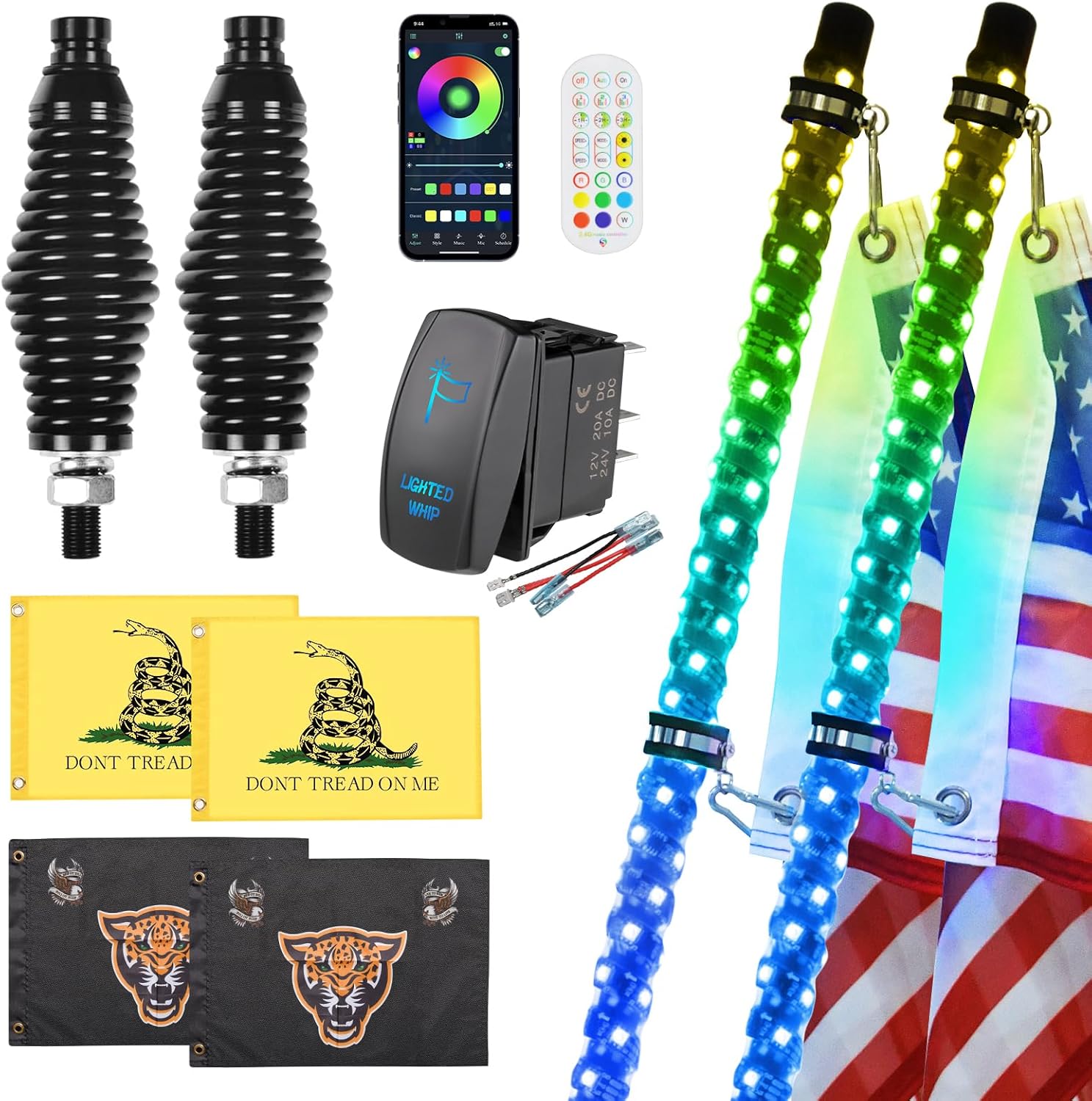 2 Pack 3FT LED Whip Lights with App & Remote Control - Spiral RGB Chasing Lights for UTV, ATV, Polaris RZR, Can-Am SXS, and Trucks - Music Sync Feature Included!