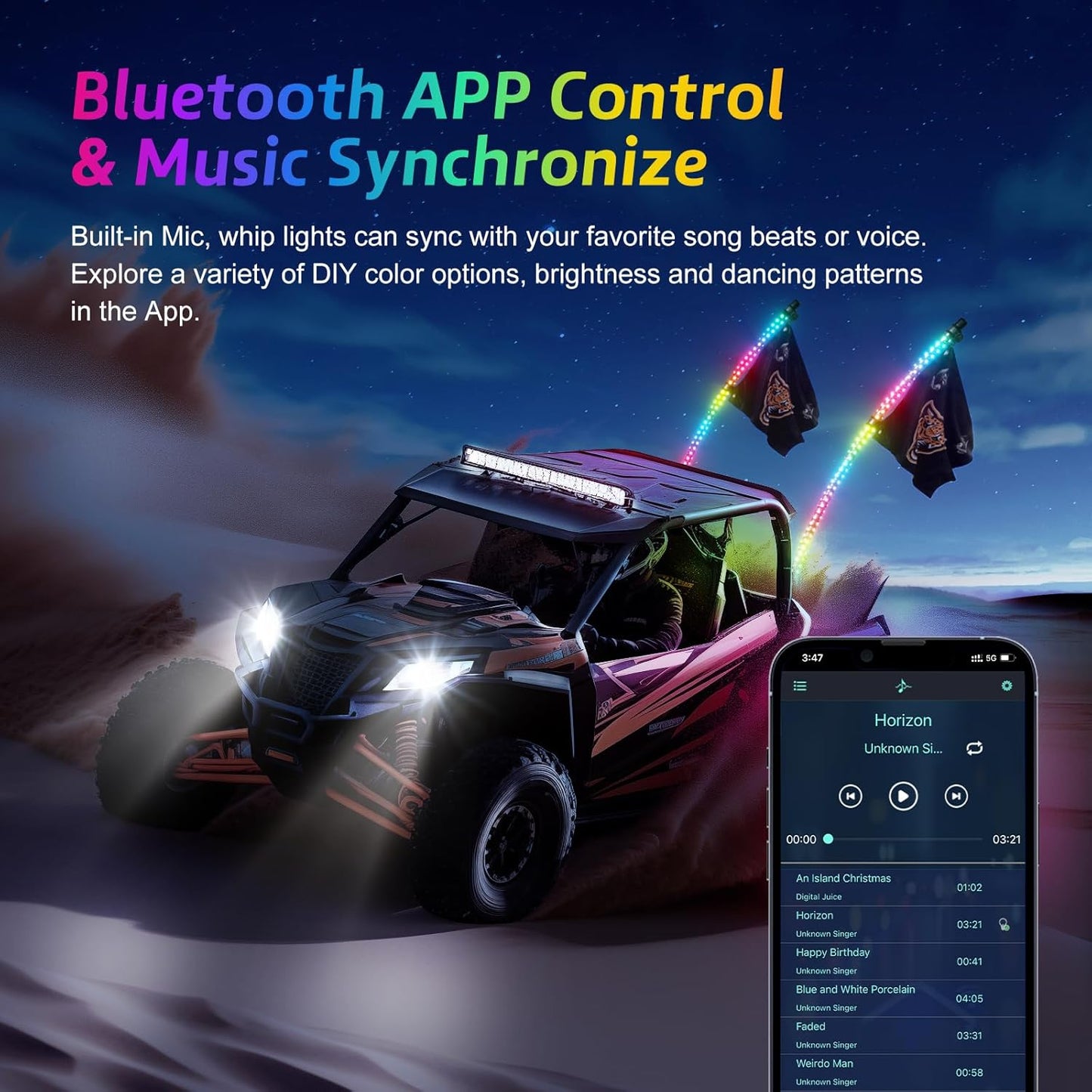 2 Pack 3FT LED Whip Lights with App & Remote Control - Spiral RGB Chasing Lights for UTV, ATV, Polaris RZR, Can-Am SXS, and Trucks - Music Sync Feature Included!