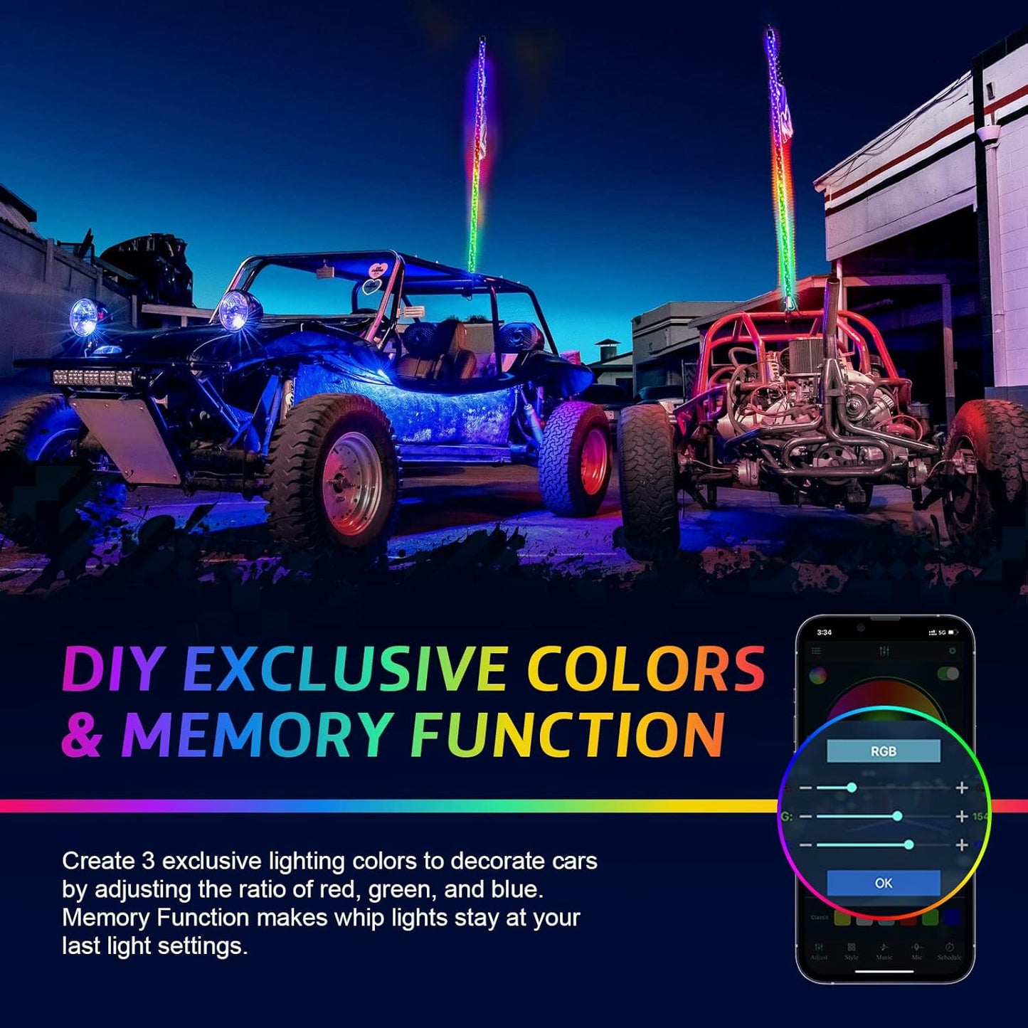 2 Pack 3FT LED Whip Lights with App & Remote Control - Spiral RGB Chasing Lights for UTV, ATV, Polaris RZR, Can-Am SXS, and Trucks - Music Sync Feature Included!