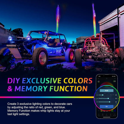 2 Pack 3FT LED Whip Lights with App & Remote Control - Spiral RGB Chasing Lights for UTV, ATV, Polaris RZR, Can-Am SXS, and Trucks - Music Sync Feature Included!